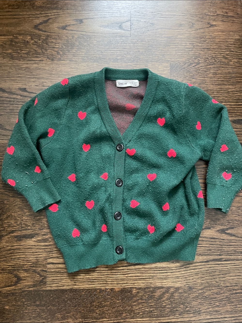 SHEIN Green V-Neck Cardigan with Red Heart Pattern